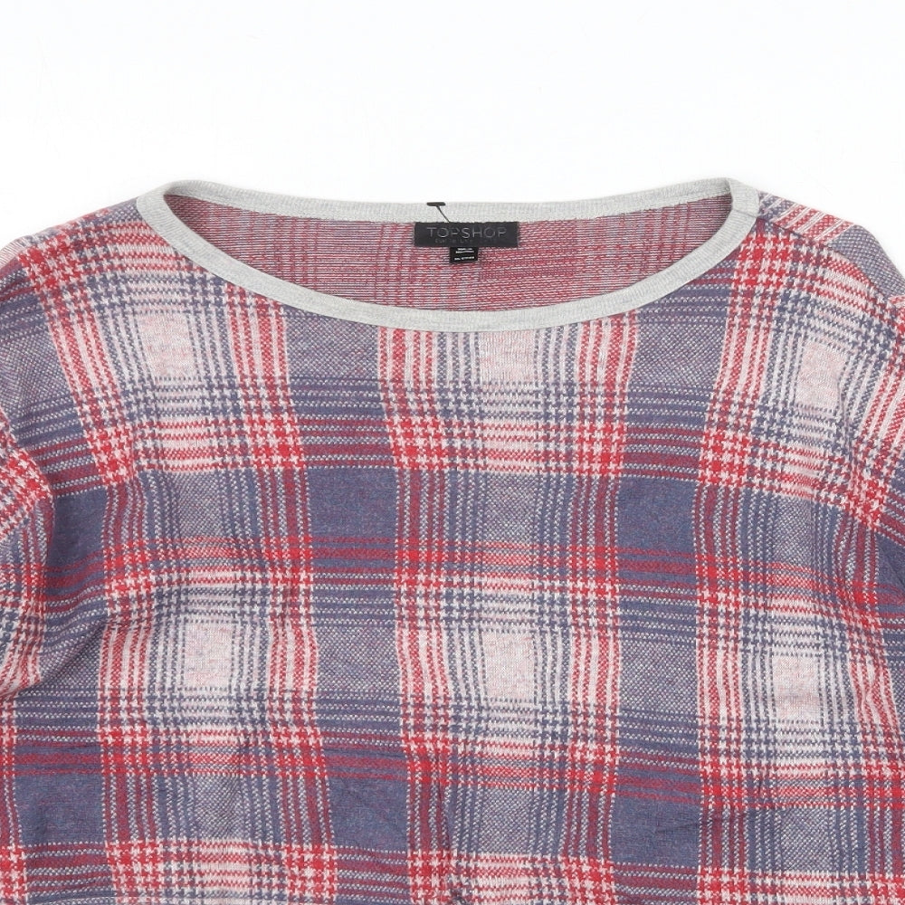 Topshop Womens Red Round Neck Plaid Cotton Pullover Jumper Size 10