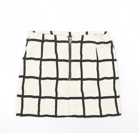 Topshop Womens Ivory Check Cotton A-Line Skirt Size 8 Zip