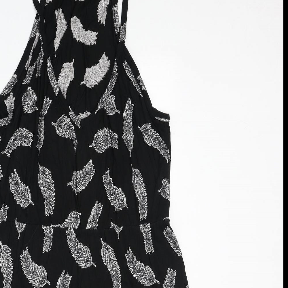 H&M Womens Black Geometric Viscose A-Line Size M V-Neck Pullover - Feather Pattern