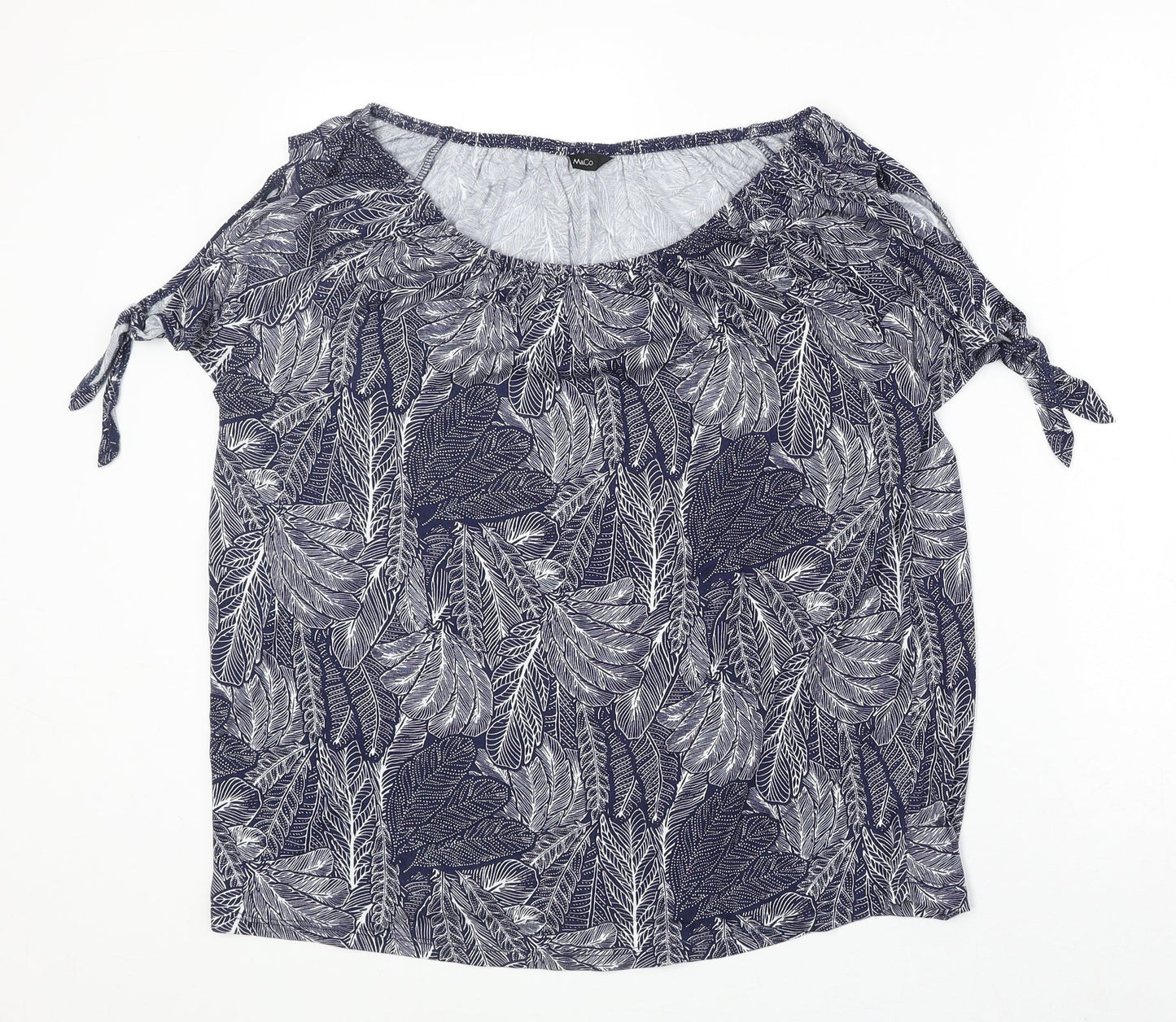M&Co Womens Blue Geometric Viscose Basic T-Shirt Size 14 Round Neck