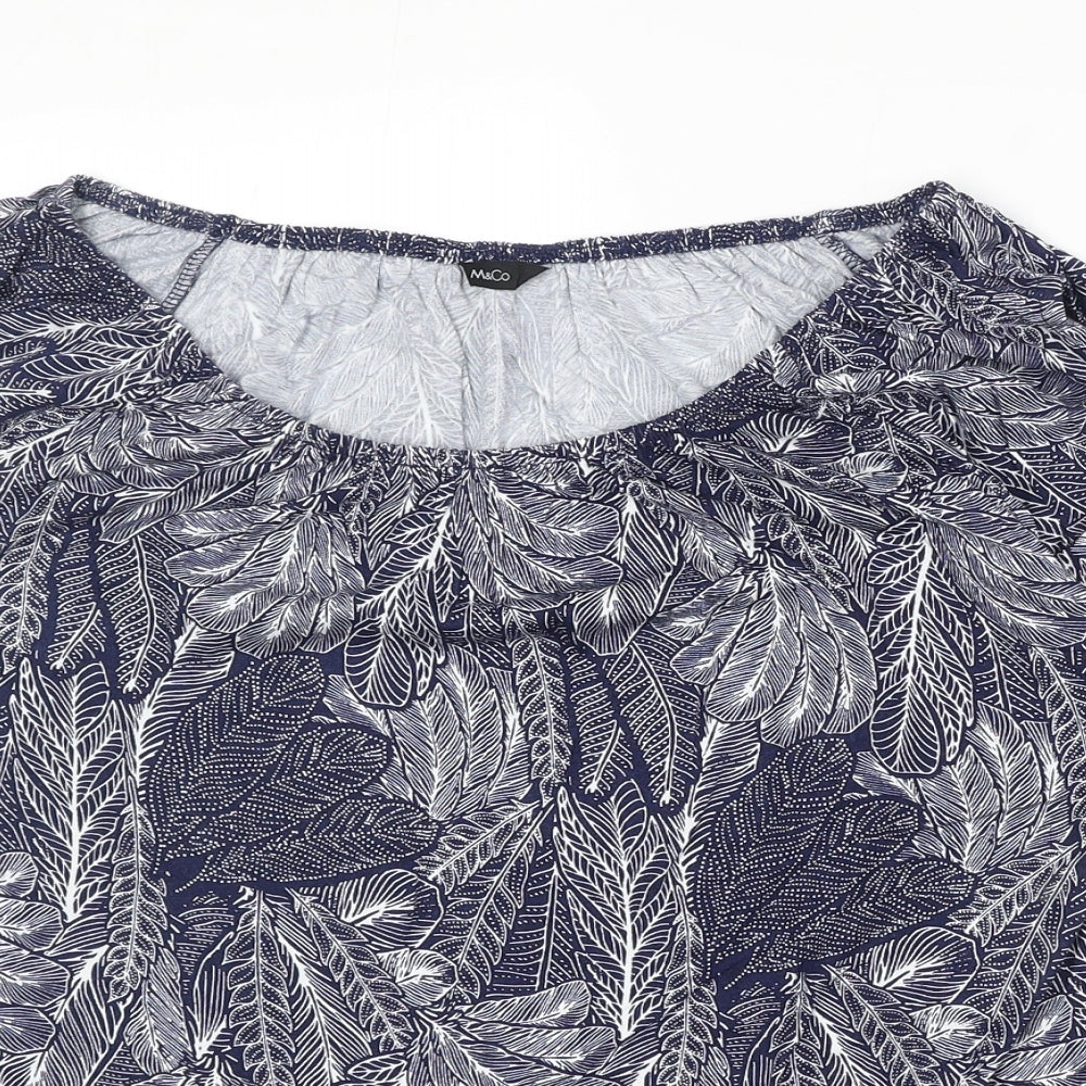 M&Co Womens Blue Geometric Viscose Basic T-Shirt Size 14 Round Neck