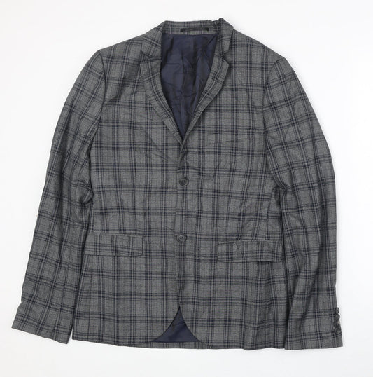 Topman Mens Grey Plaid Polyester Jacket Suit Jacket Size 38 Regular