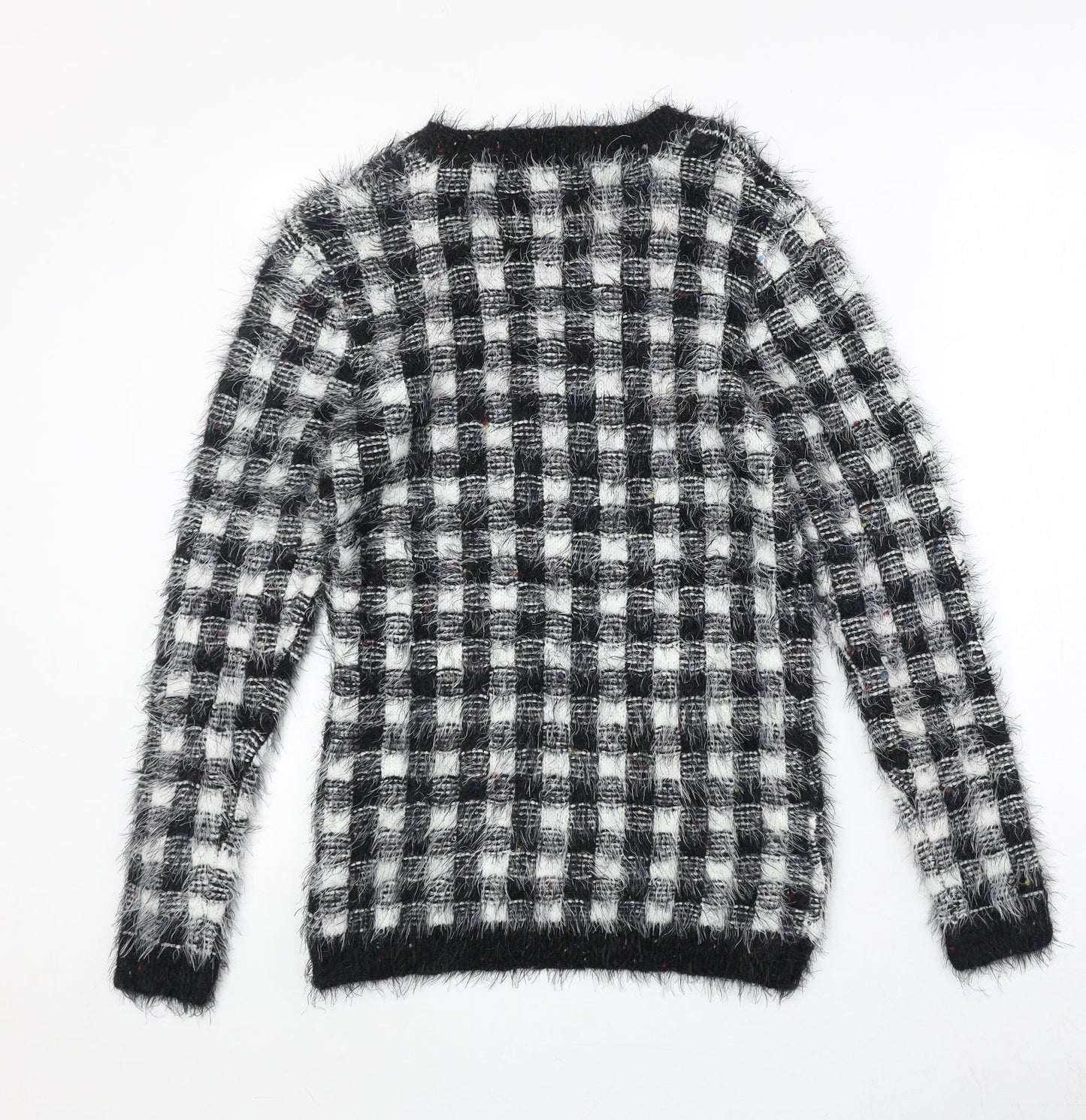 Miyoko Womens Black Round Neck Check Polyester Pullover Jumper Size S