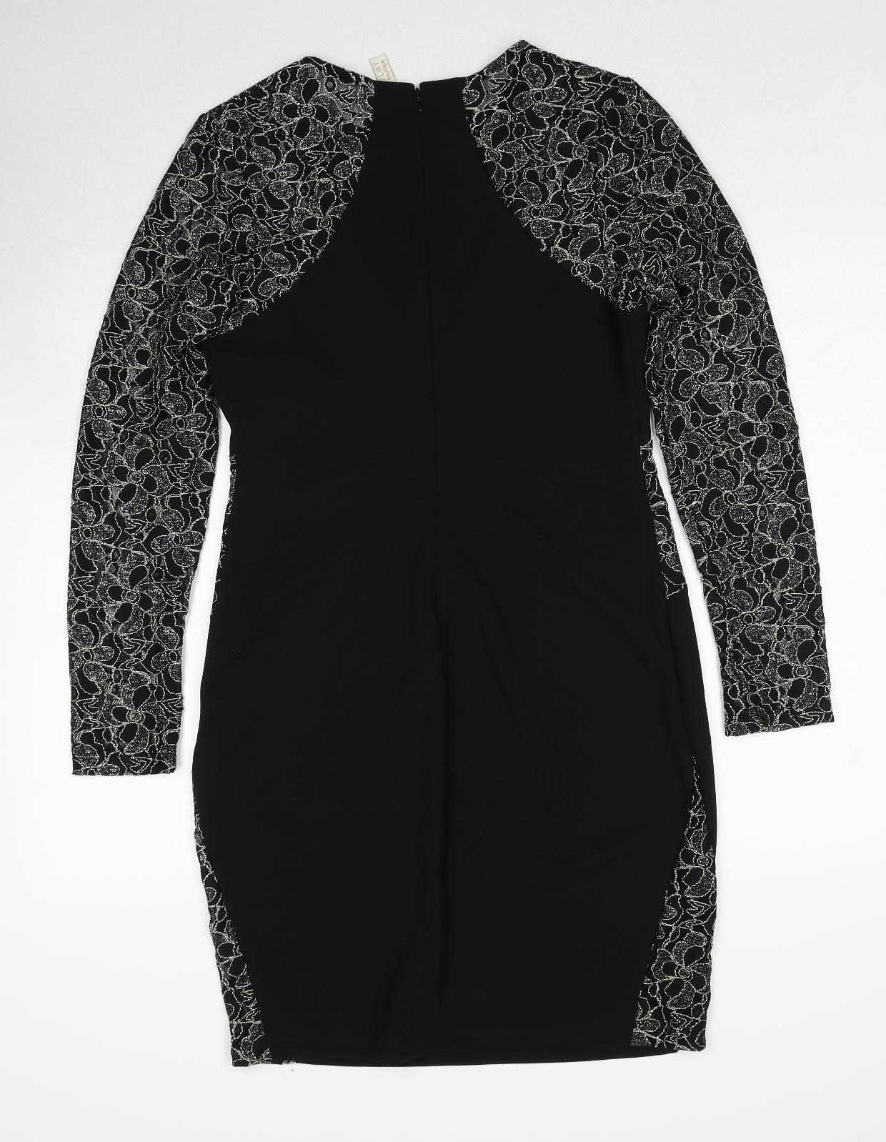 Body Flirt Womens Black Geometric Polyester A-Line Size M Round Neck Zip