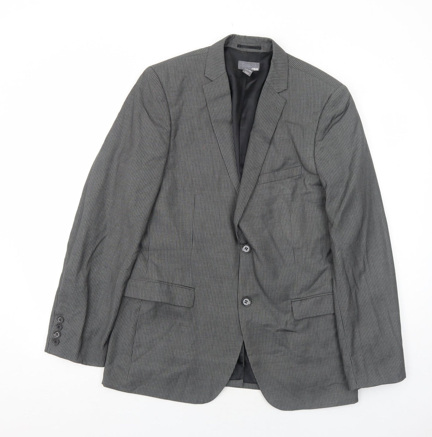 H&M Mens Grey Striped Polyester Jacket Suit Jacket Size 40 Regular