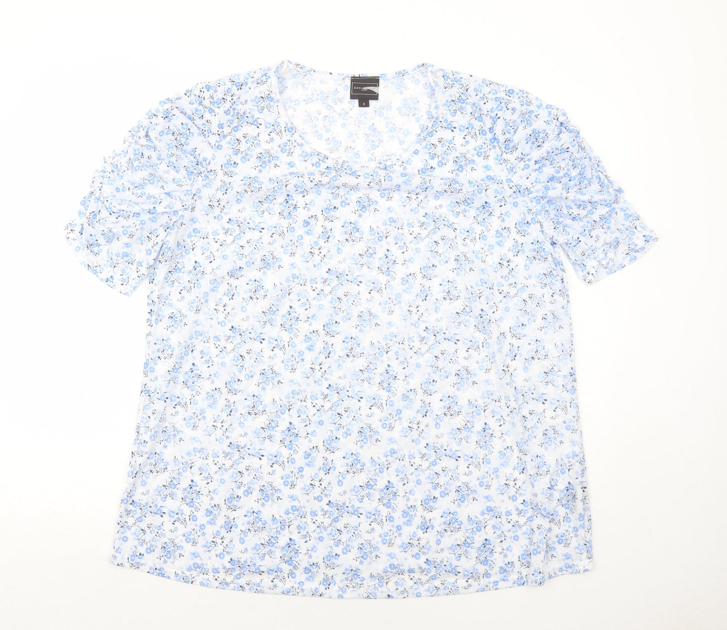 Anne De Lancay Womens Blue Floral Polyester Basic T-Shirt Size L Round Neck