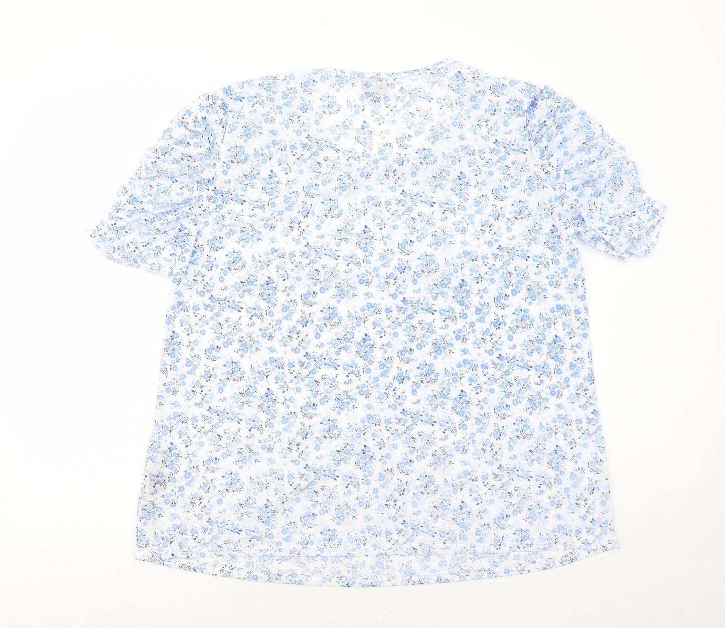 Anne De Lancay Womens Blue Floral Polyester Basic T-Shirt Size L Round Neck