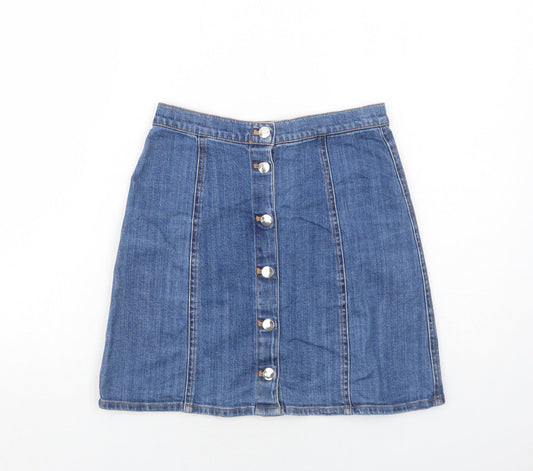 H&M Womens Blue Cotton A-Line Skirt Size 8 Button