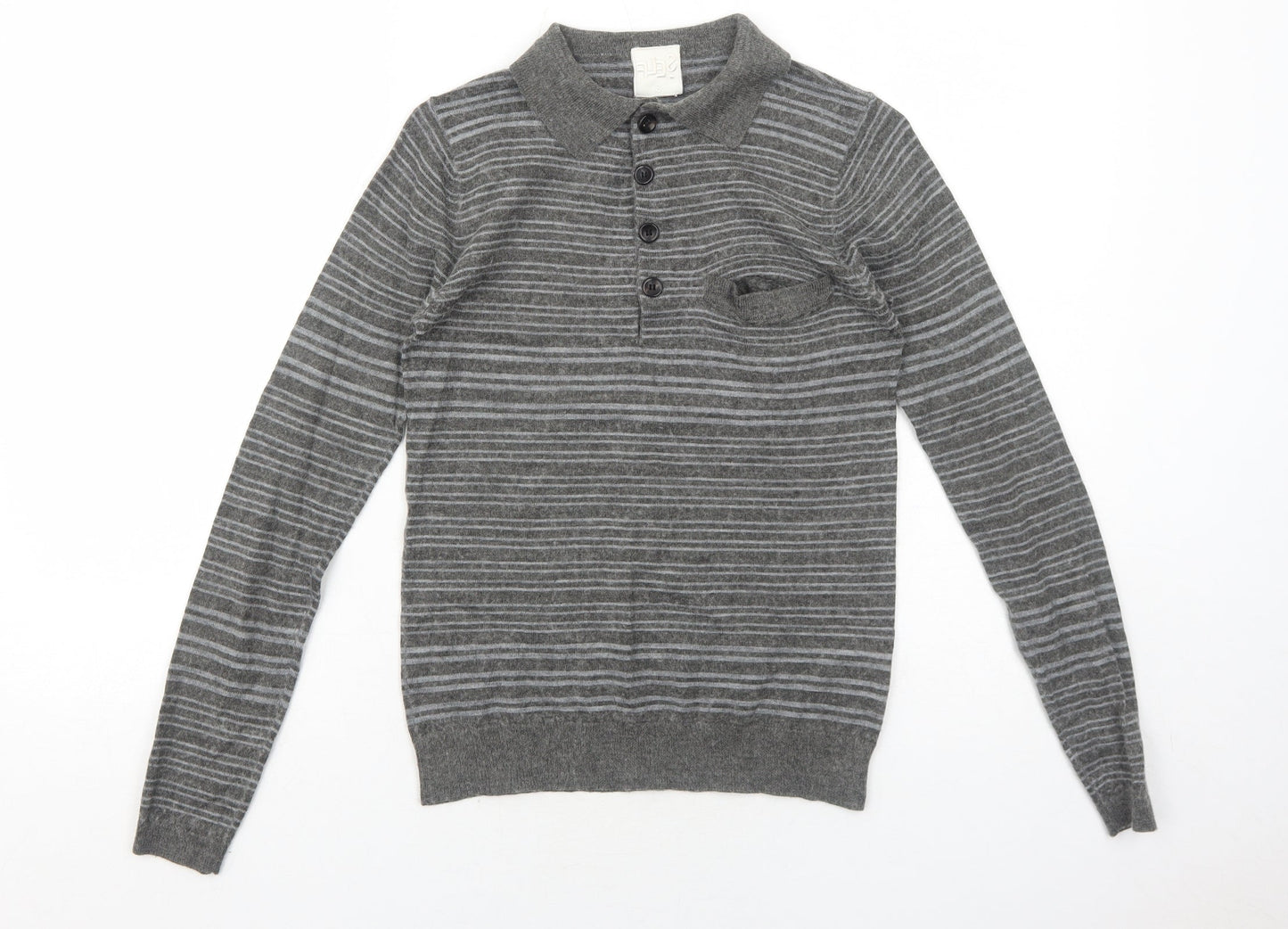 Self Womens Grey Collared Striped Acrylic Pullover Jumper Size S