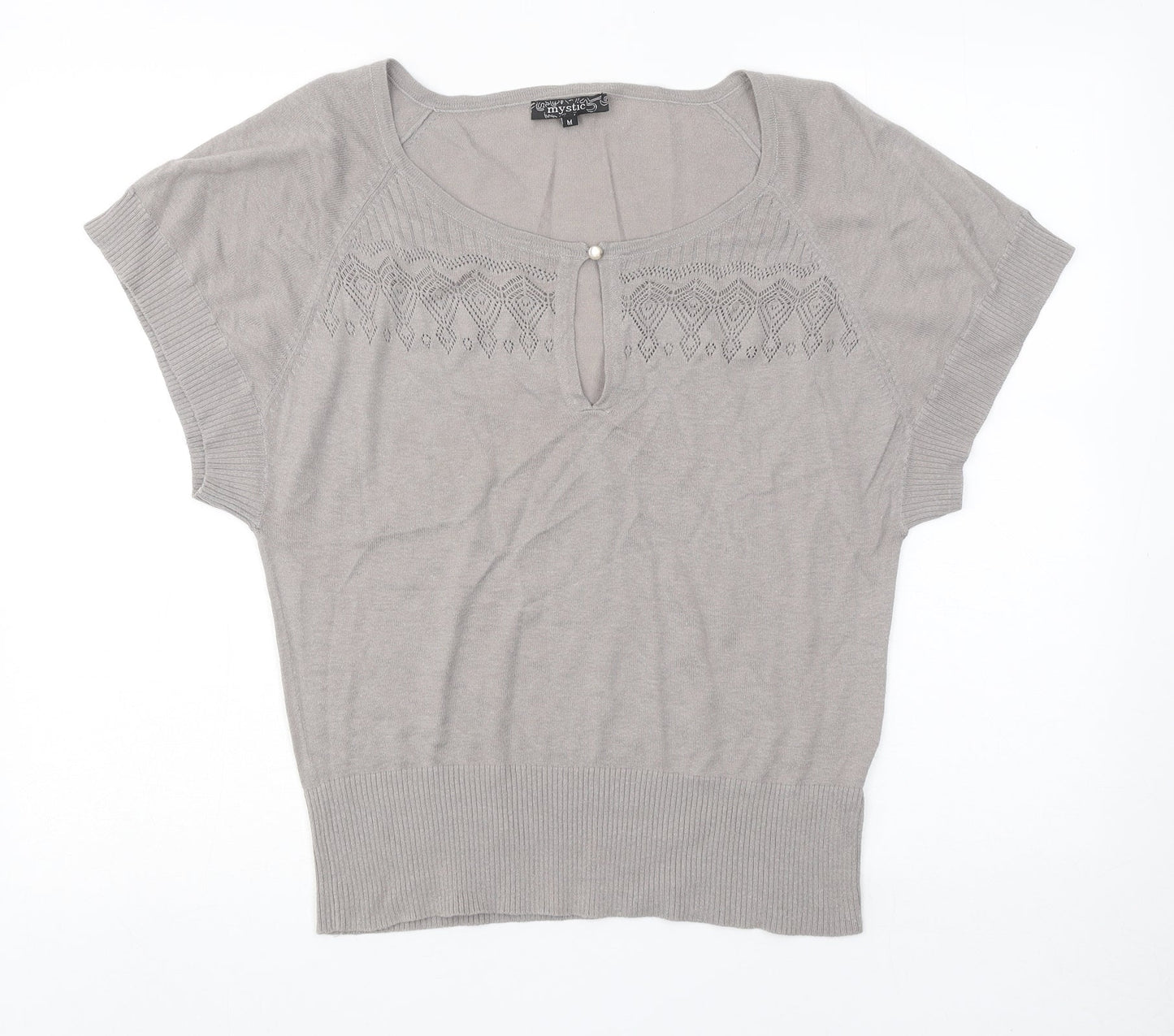 Mystic Womens Beige Geometric Acrylic Basic Blouse Size M Round Neck
