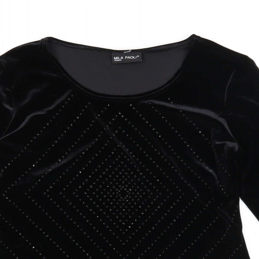 Mila Paoli Womens Black Geometric Polyester Basic Blouse Size 12 Round Neck