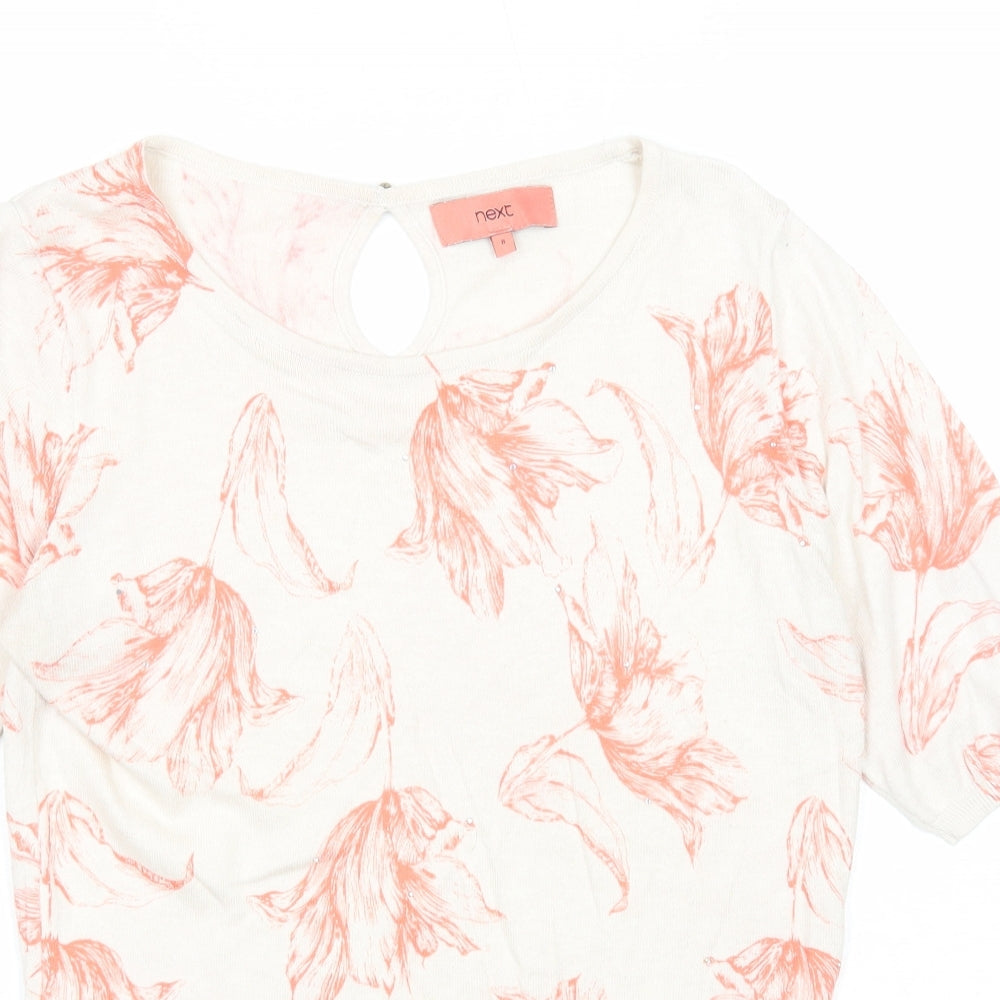 NEXT Womens Beige Round Neck Floral Cotton Pullover Jumper Size 8