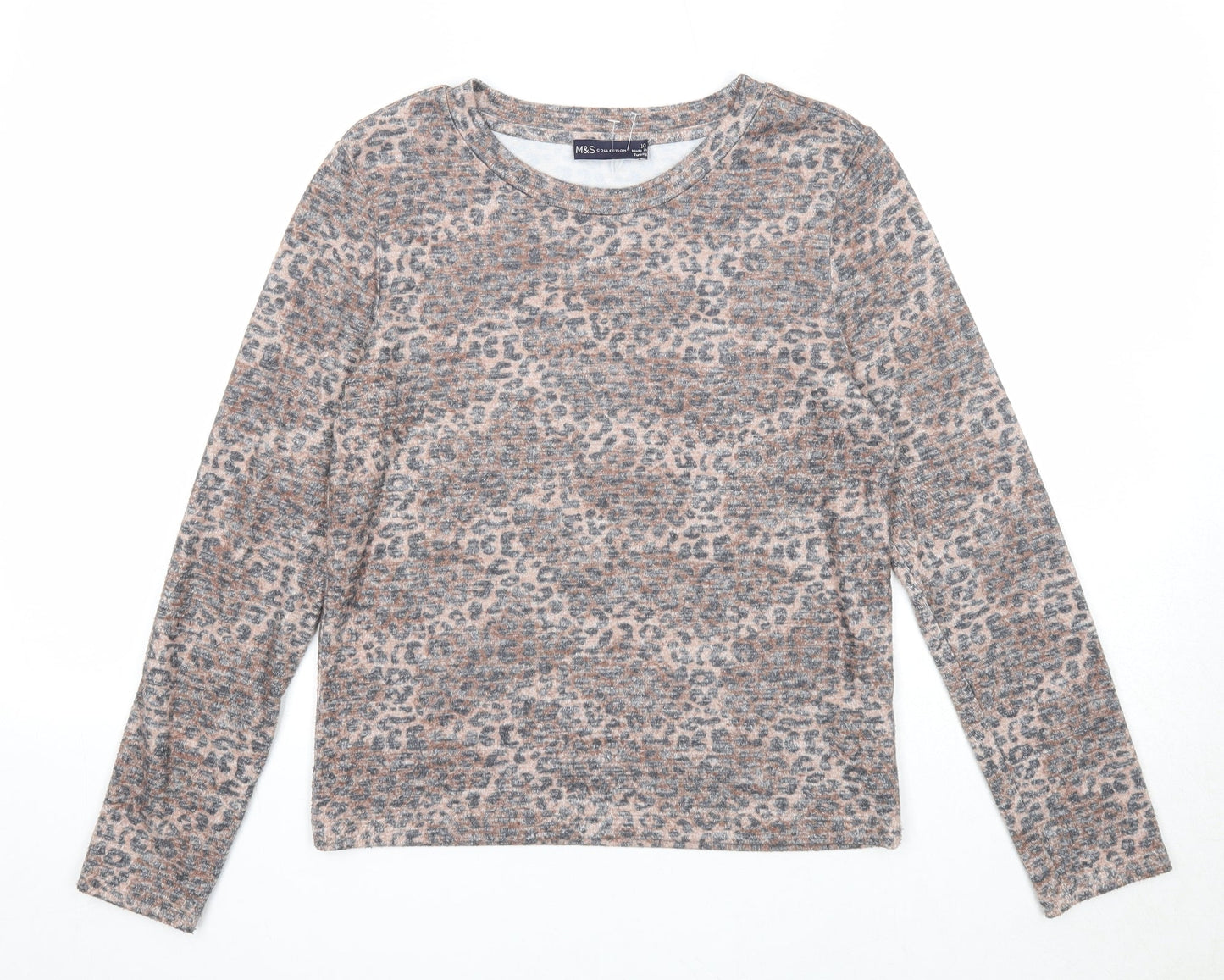 Marks and Spencer Womens Brown Round Neck Animal Print Viscose Pullover Jumper Size 10 - Leopard Pattern
