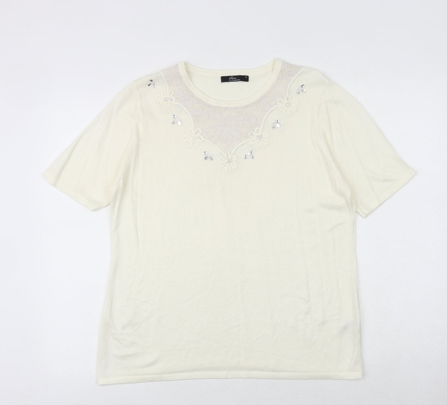 Bonmarché Womens Ivory Viscose Basic T-Shirt Size M Round Neck - Lace Details