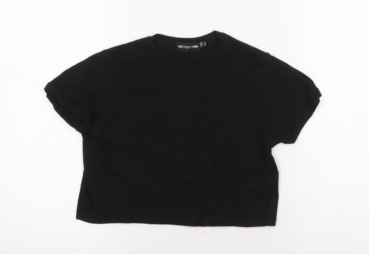 PRETTYLITTLETHING Womens Black Cotton Cropped T-Shirt Size 4 Round Neck