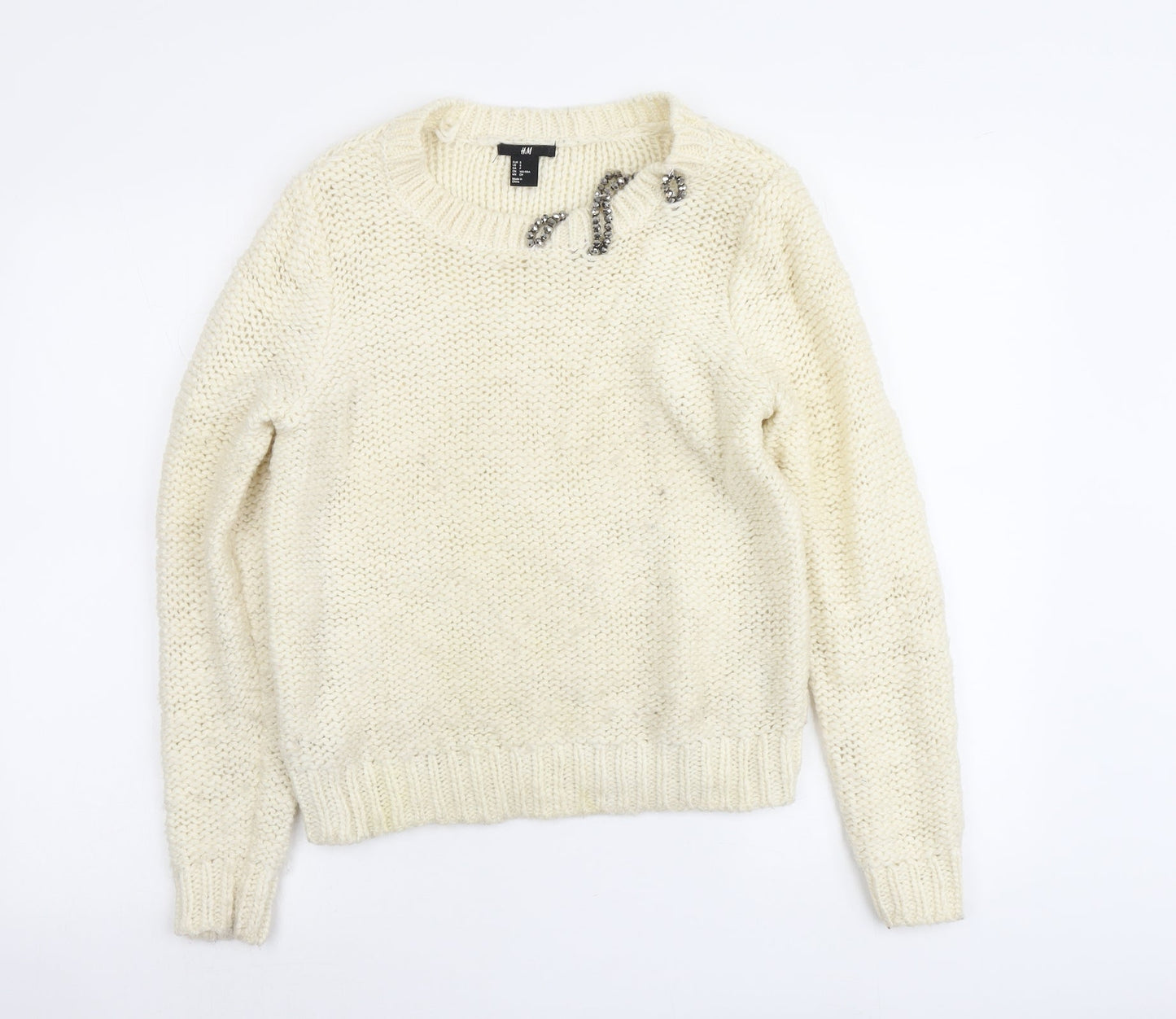 H&M Womens Ivory Round Neck Acrylic Pullover Jumper Size S