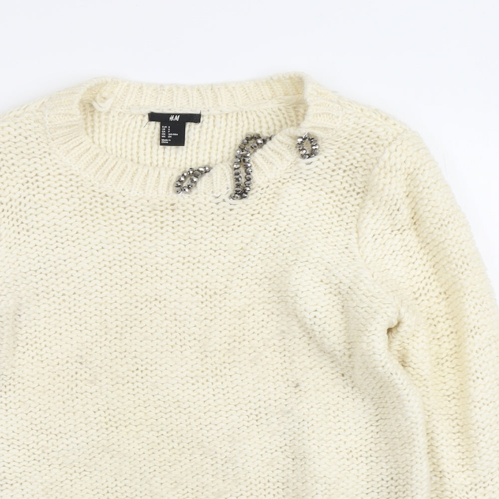 H&M Womens Ivory Round Neck Acrylic Pullover Jumper Size S