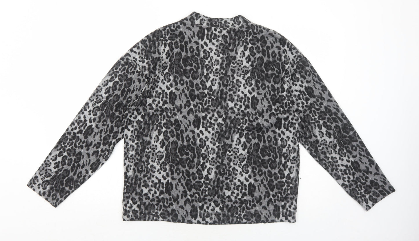 Marks and Spencer Womens Grey Round Neck Animal Print Acrylic Pullover Jumper Size 12 - Leopard Pattern