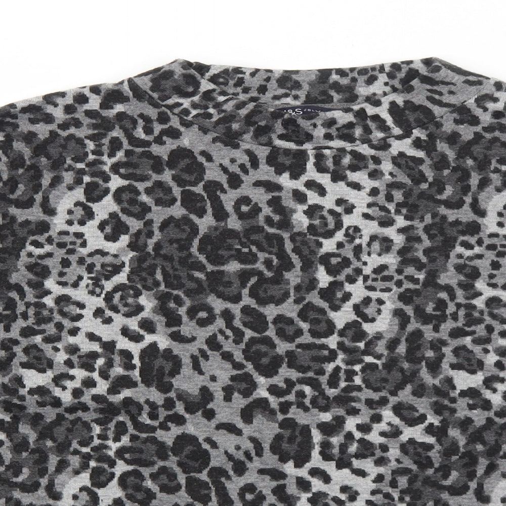 Marks and Spencer Womens Grey Round Neck Animal Print Acrylic Pullover Jumper Size 12 - Leopard Pattern