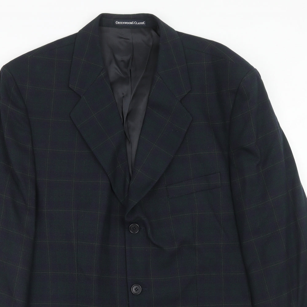 Greenwoods Classic Mens Blue Plaid Polyester Jacket Suit Jacket Size 42 Regular