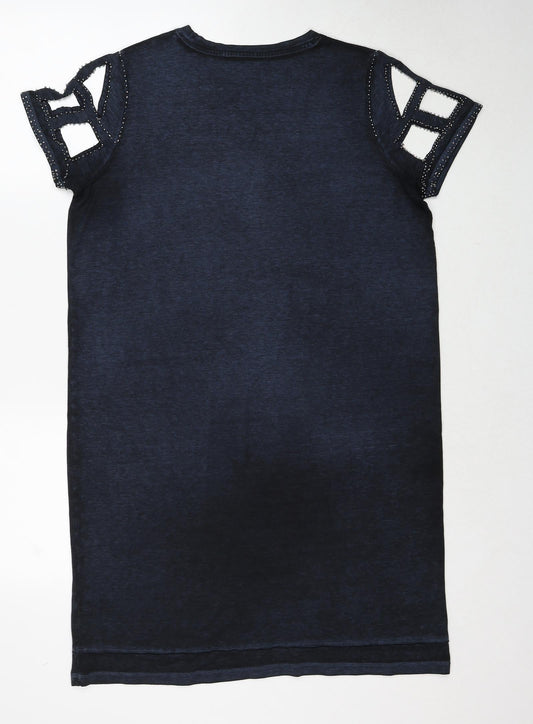 Label Lab Womens Blue Herringbone Cotton A-Line Size 12 Round Neck Pullover
