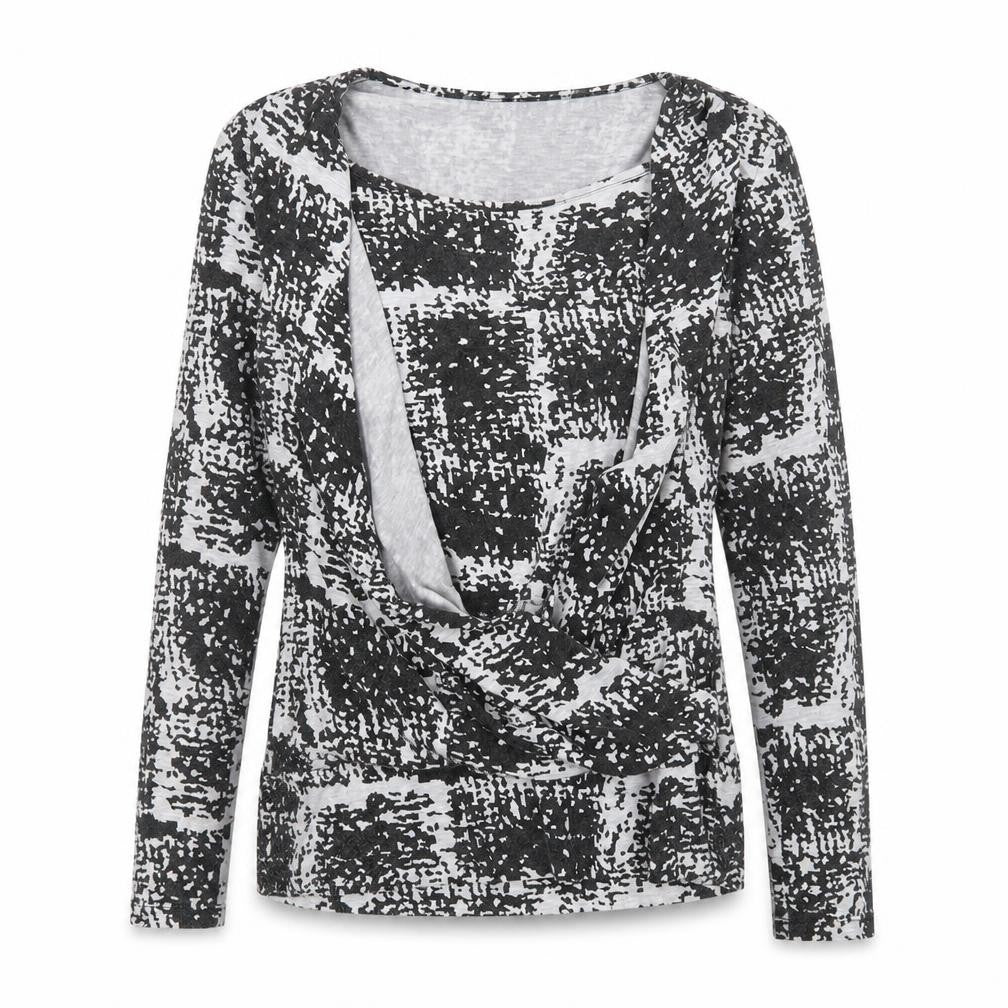Ecoline Womens Grey Geometric Polyester Basic Blouse Size M Round Neck