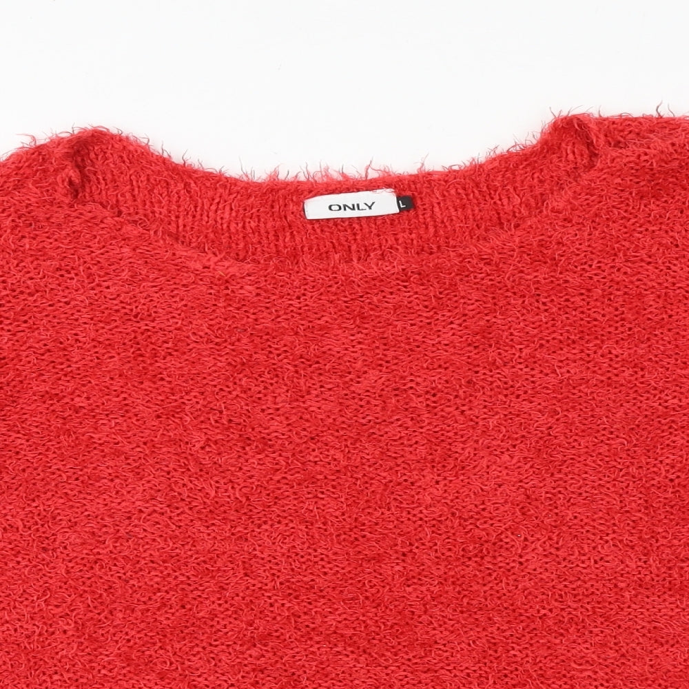 Only Womens Red Round Neck Herringbone Polyester Pullover Jumper Size L