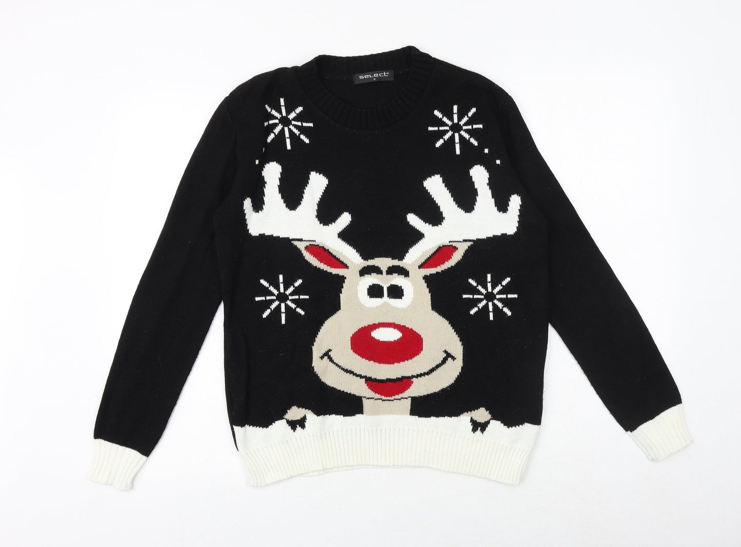 Select Womens Black Round Neck Acrylic Pullover Jumper Size M - Christmas Rudolph