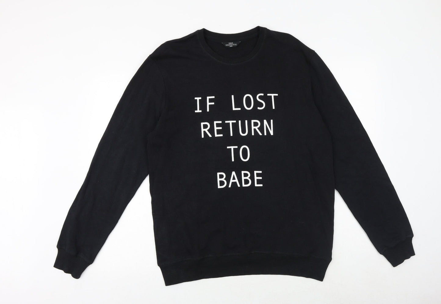 NEXT Mens Black Cotton Pullover Sweatshirt Size L - If Lost Return To Babe
