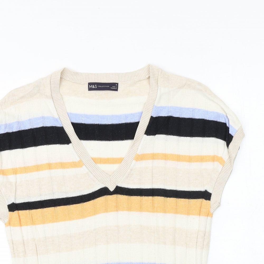 Marks and Spencer Womens Multicoloured V-Neck Striped Acrylic Pullover Jumper Size M