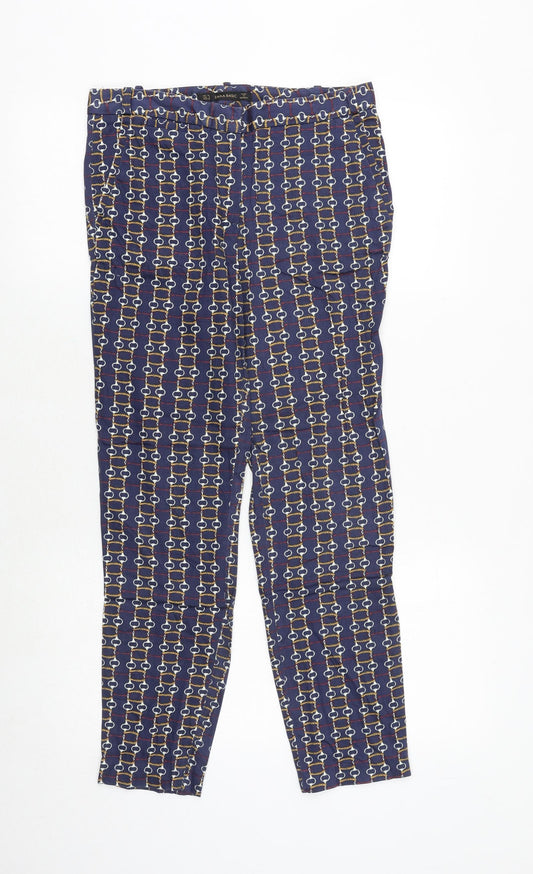 Zara Womens Blue Geometric Polyester Chino Trousers Size 8 Regular Zip