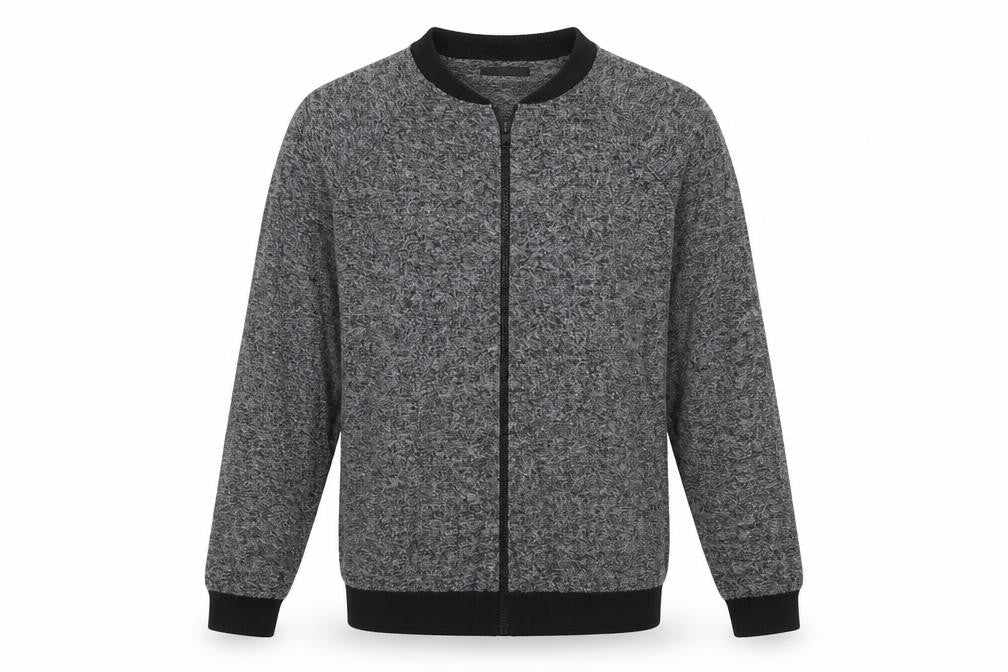 Front view of ASOS men’s grey round neck polyester full zip jumper, size L, long sleeve zip