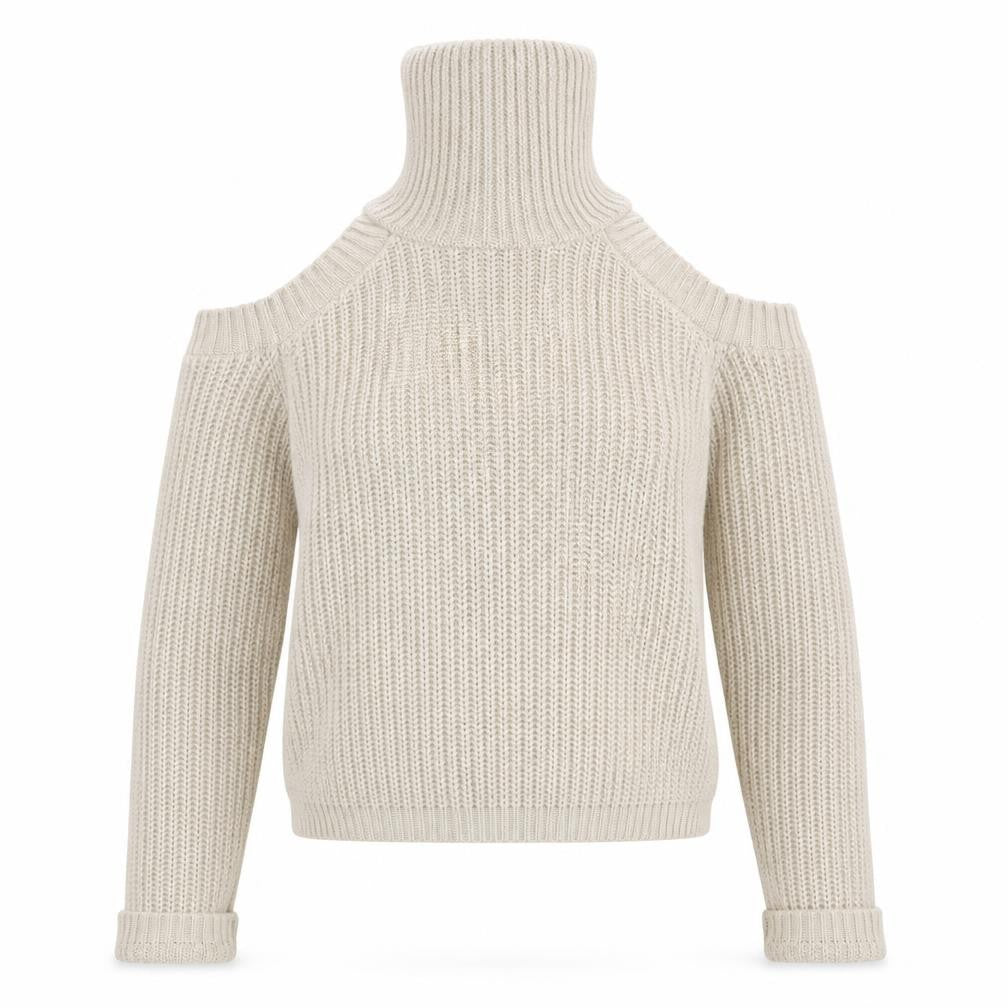 Front view of Missguided women’s beige high neck acrylic jumper, size S, pullover