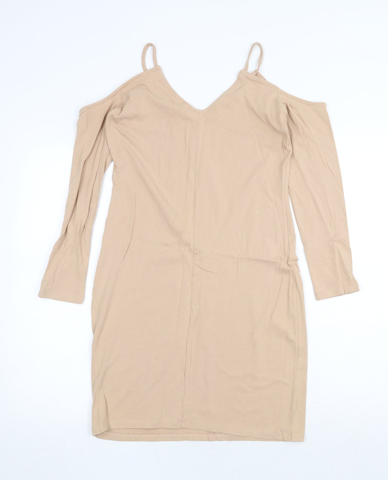 H&M Womens Beige Cotton Pencil Dress Size 14 V-Neck Pullover