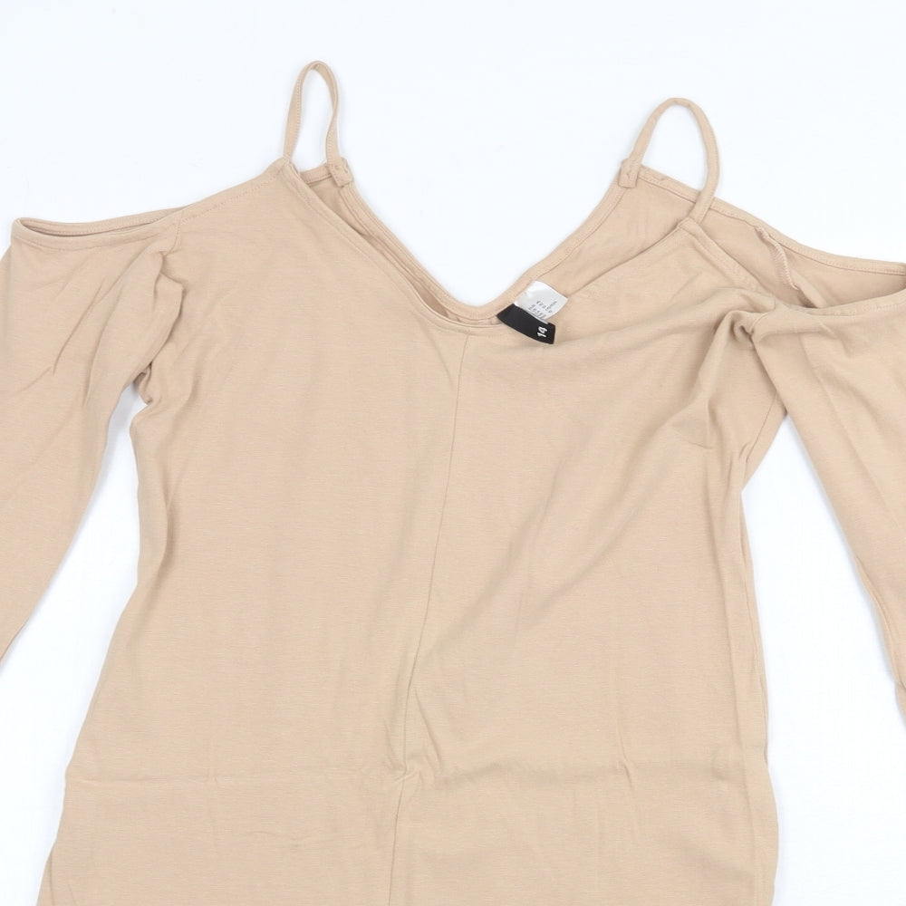 H&M Womens Beige Cotton Pencil Dress Size 14 V-Neck Pullover