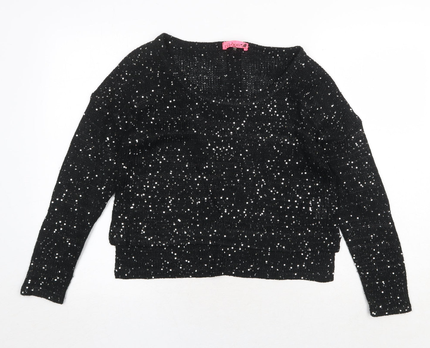 Ribbon Womens Black Round Neck Polyester Pullover Jumper Size 12