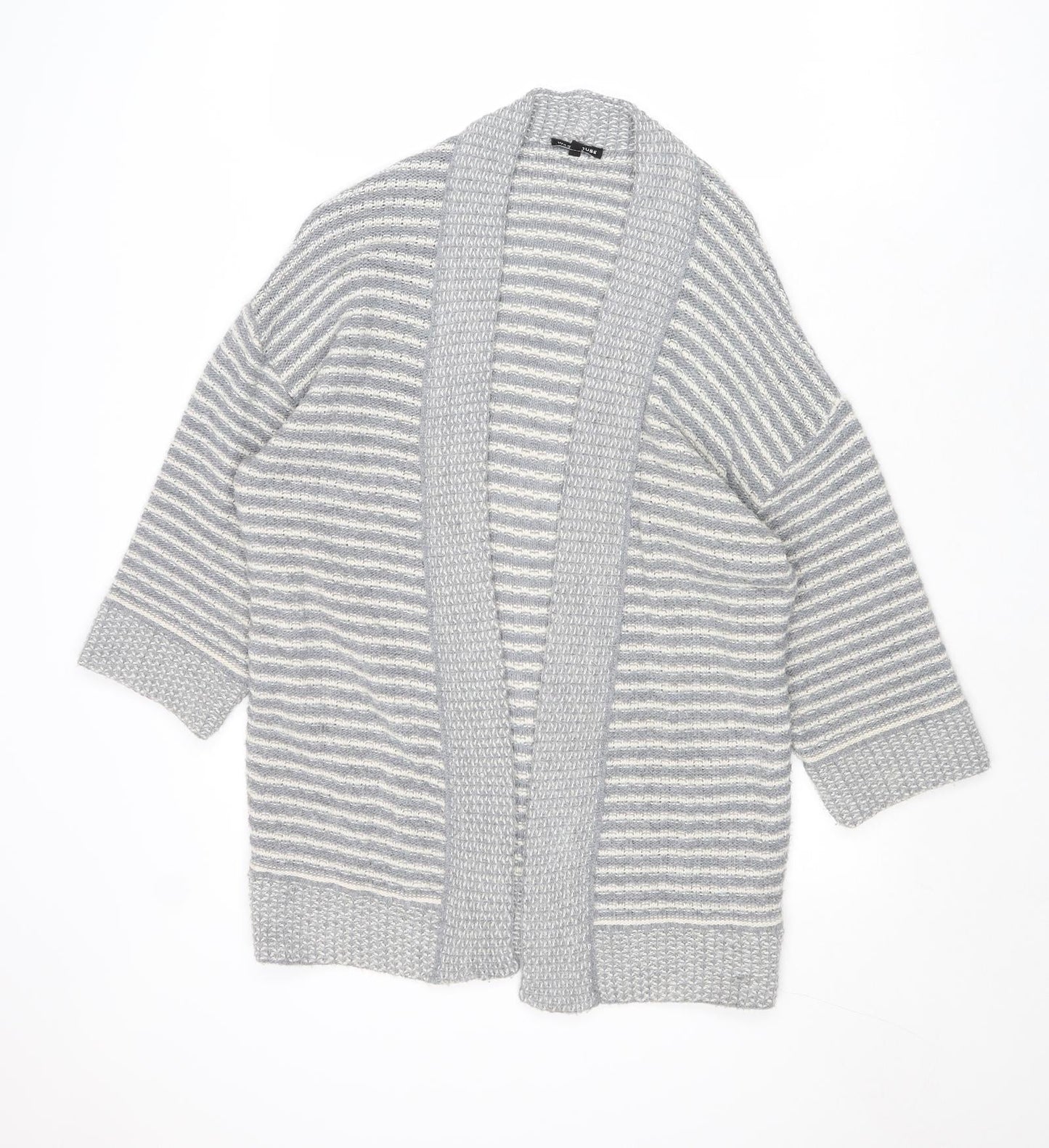 Warehouse Womens Grey V-Neck Striped Acrylic Cardigan Jumper Size S