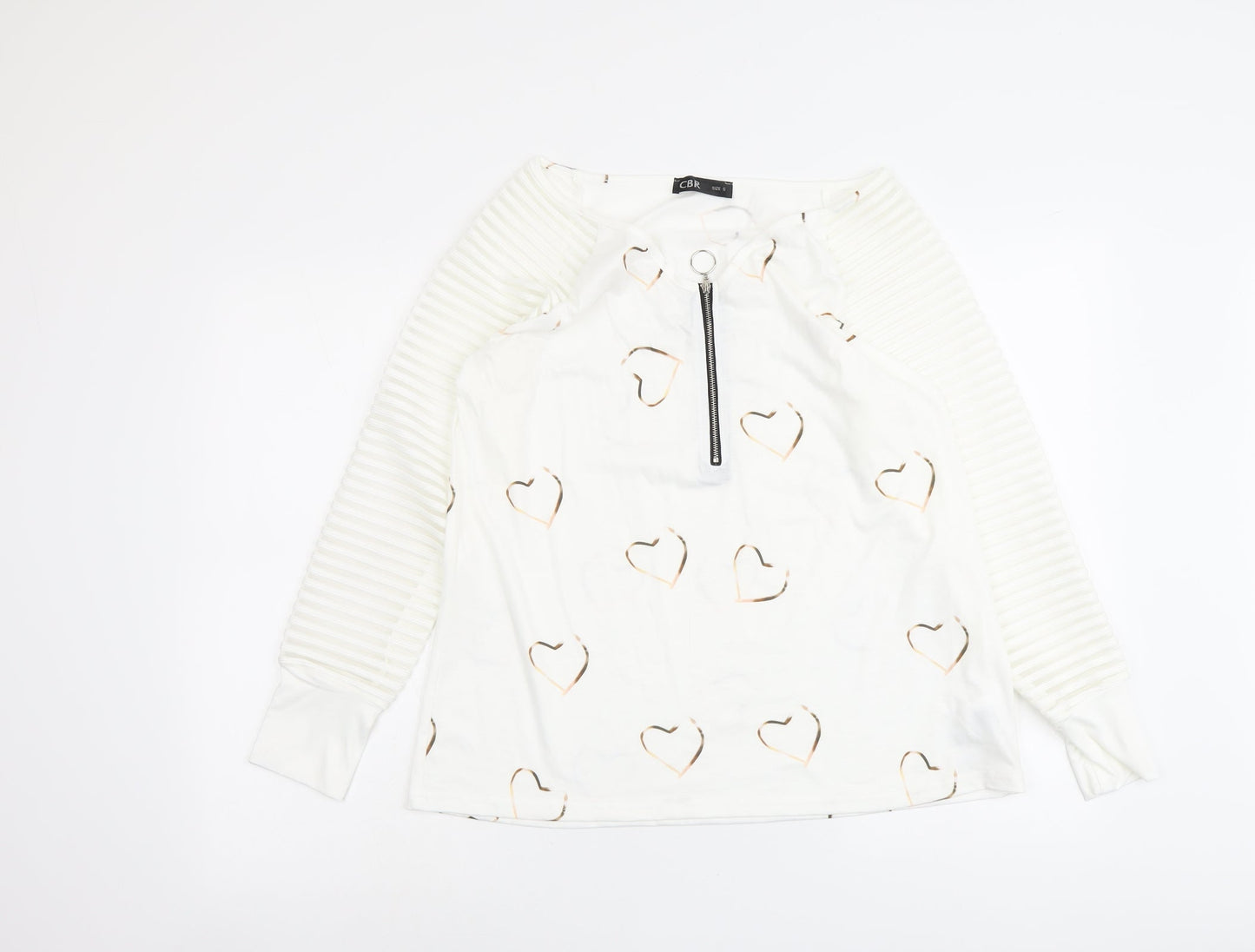 CBR Womens White Geometric Cotton Basic Blouse Size S V-Neck - Heart Detail