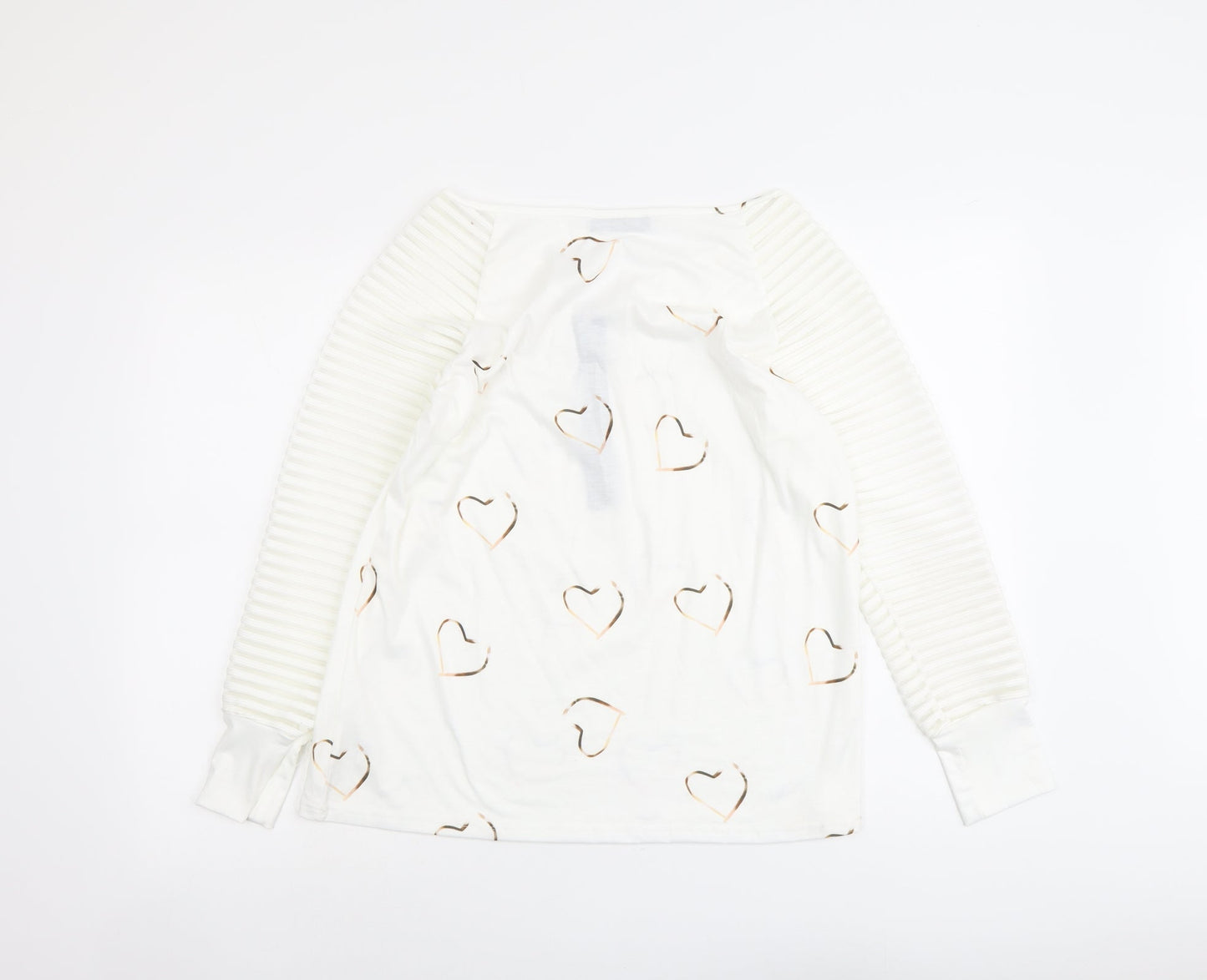 CBR Womens White Geometric Cotton Basic Blouse Size S V-Neck - Heart Detail