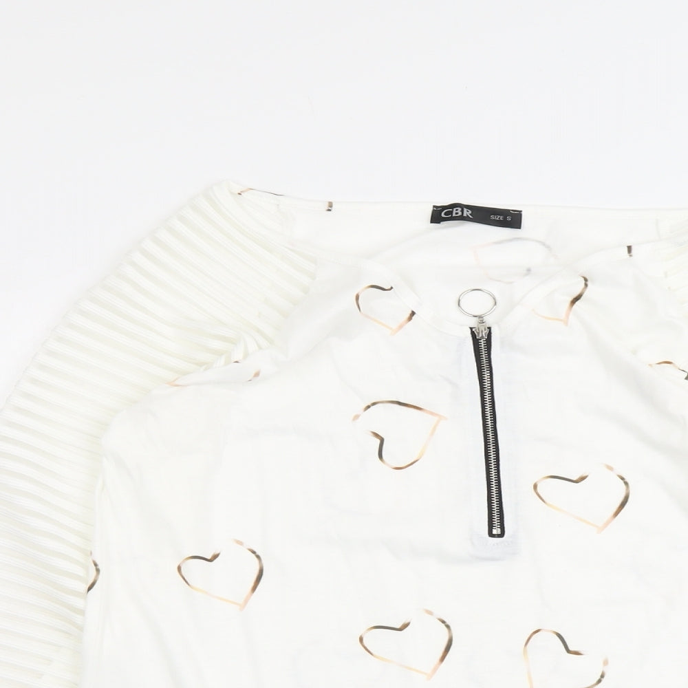 CBR Womens White Geometric Cotton Basic Blouse Size S V-Neck - Heart Detail