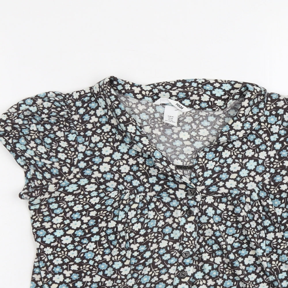 H&M Womens Blue Floral Cotton Basic Button-Up Size M V-Neck