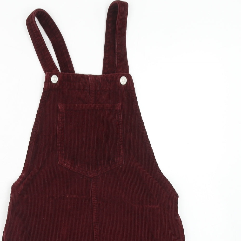 Topshop Womens Red Cotton Pinafore/Dungaree Dress Size 6 Square Neck Button