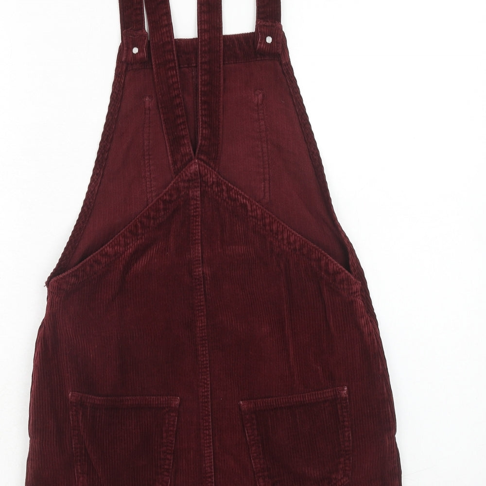 Topshop Womens Red Cotton Pinafore/Dungaree Dress Size 6 Square Neck Button