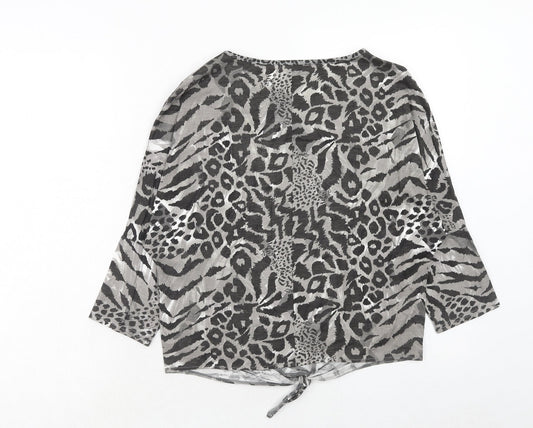 BHS Girls Grey Animal Print Viscose Basic T-Shirt Size 16 Years Round Neck Pullover - Knot Front