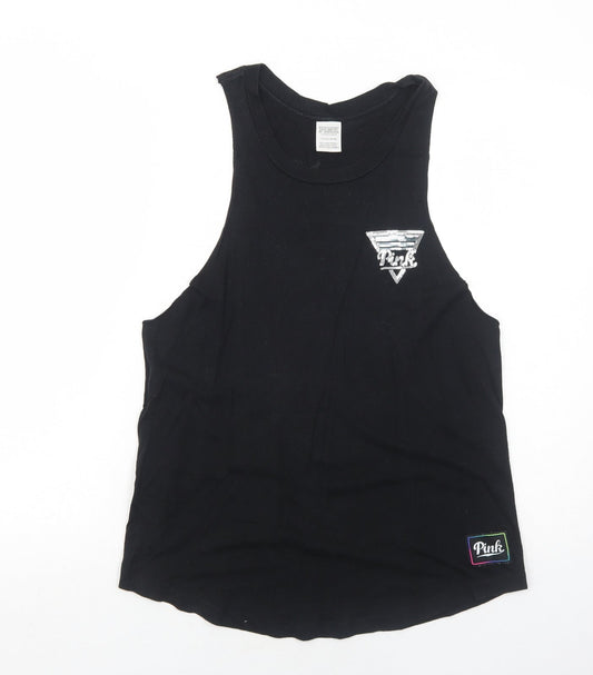 PINK Womens Black Cotton Basic Tank Size S Round Neck