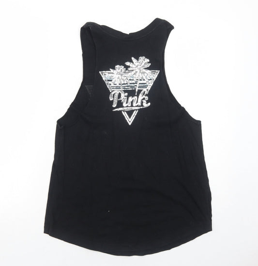 PINK Womens Black Cotton Basic Tank Size S Round Neck