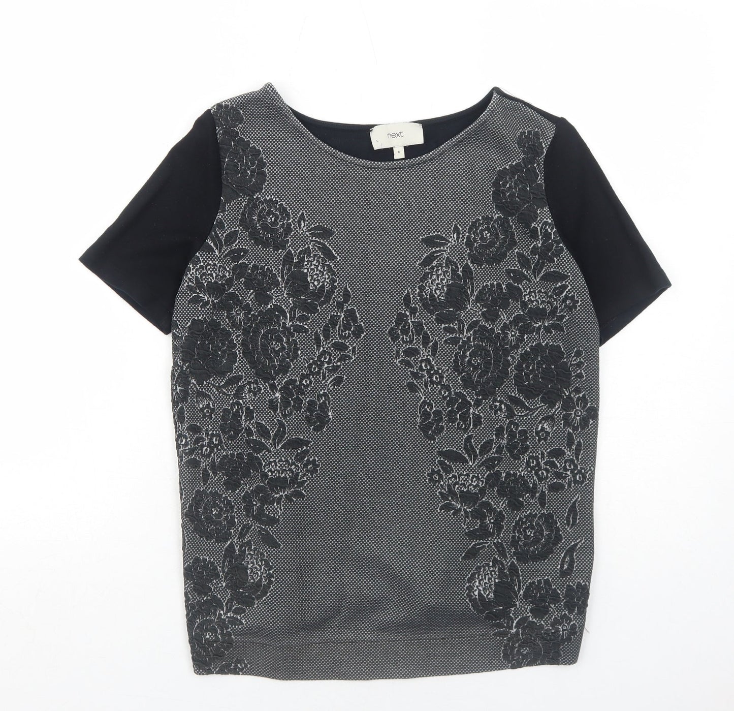 NEXT Womens Black Floral Viscose Basic T-Shirt Size 8 Round Neck