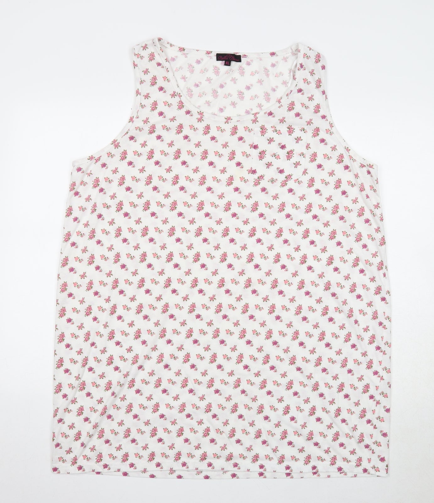 Bella Beau Womens White Floral Polyester Basic Tank Size XL Round Neck
