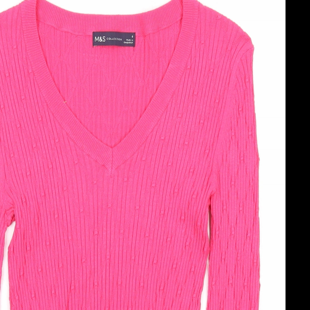 Marks and Spencer Womens Pink V-Neck Viscose Pullover Jumper Size 8