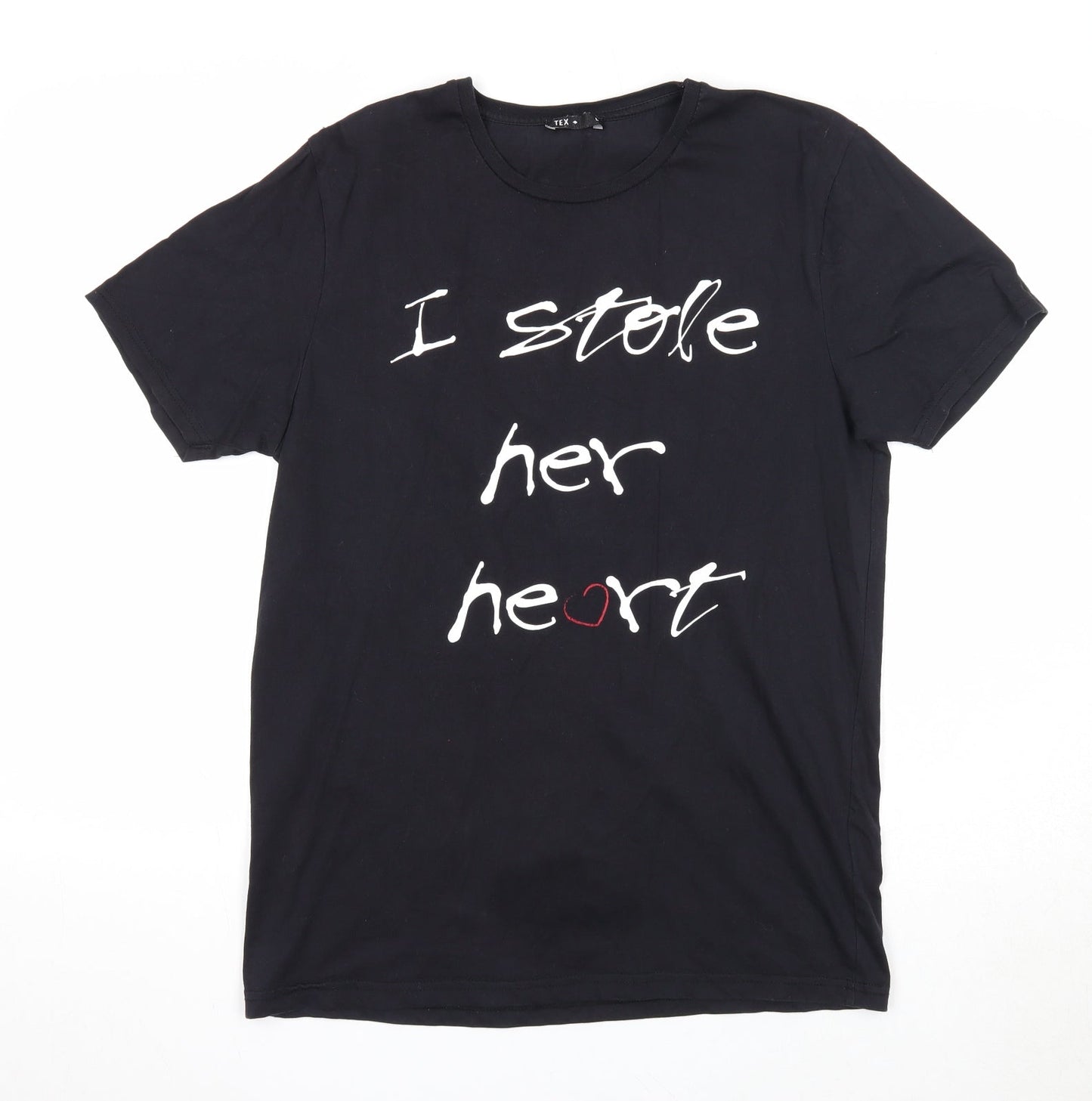 TEX Womens Black Cotton Basic T-Shirt Size L Round Neck - I Stole Her Heart
